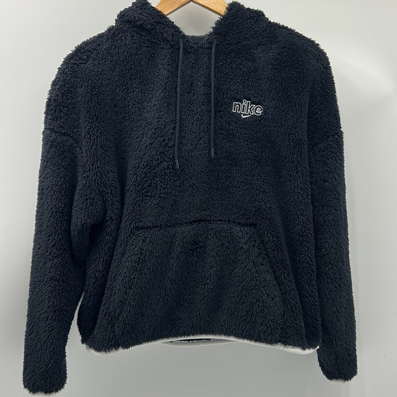 NIKE SPORTSWEAR PLUSH FAUX FUR HOODIE WOMEN SIZE LARGE BLACK - Picture 5 of 12
